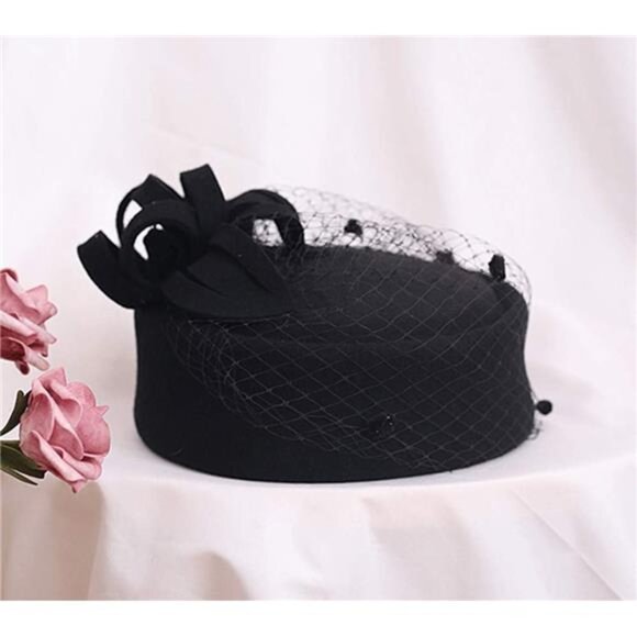 British Vintage Wool Felt Pillbox Hat Ladies Church Derby Fascinator Hat Veil main image 8